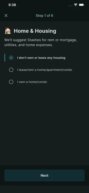 Stashly Life Profile setup screen